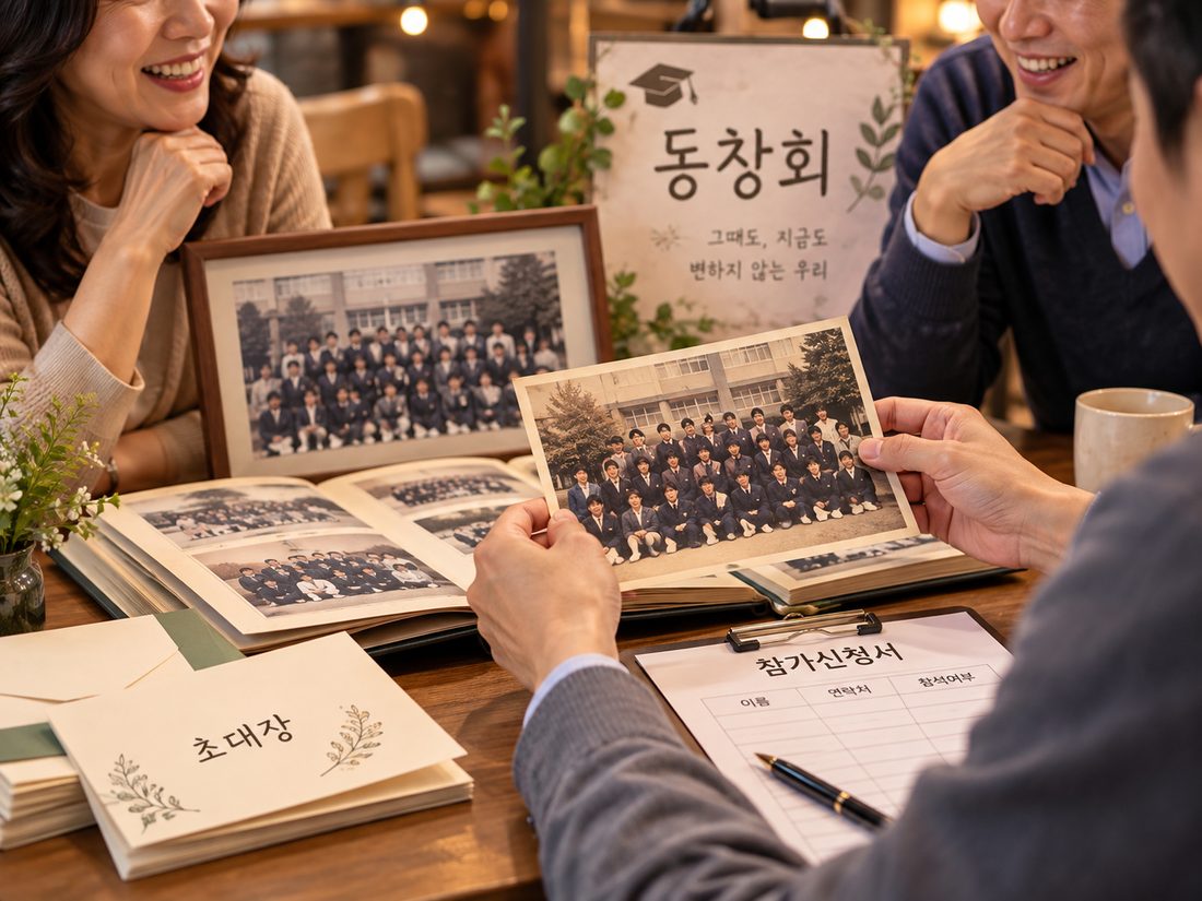 졸업사진을 보며 담소 중인 동창들