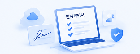 노트북 화면의 전자계약서와 전자서명, 보안 아이콘